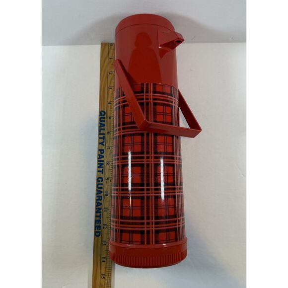 Vintage Aladdin Pump a Drink Red Plaid Thermos Built In Dispenser With Box - Picture 4 of 9